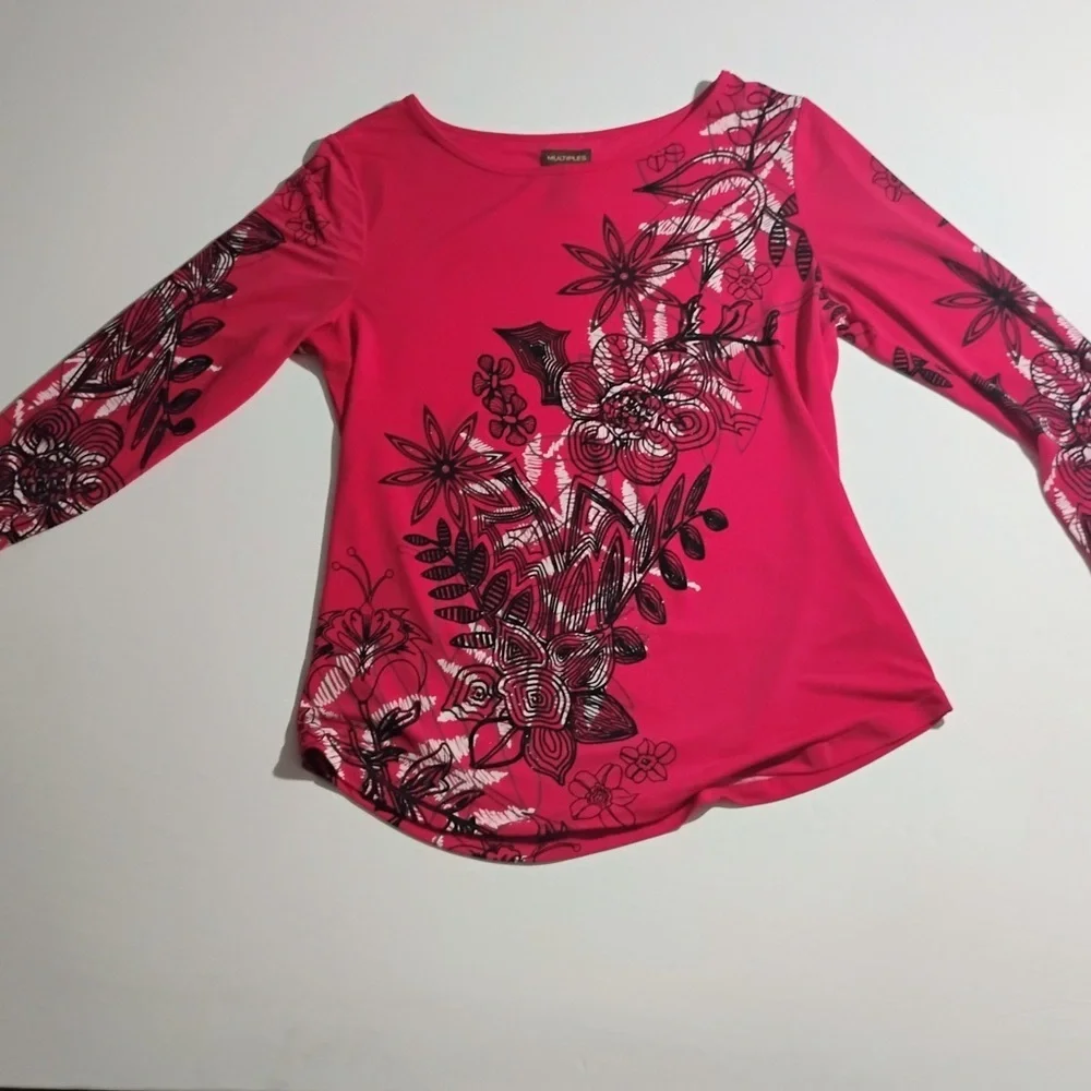 Multiples Floral Print Top Small Pink Black White 3/4 Sleeve Stretch Blouse